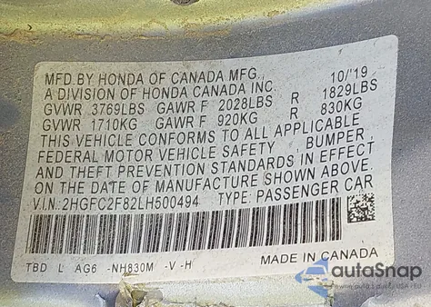 2020 Honda Civic Sport from USA, damaged, VIN 2HGFC2F82LH500494